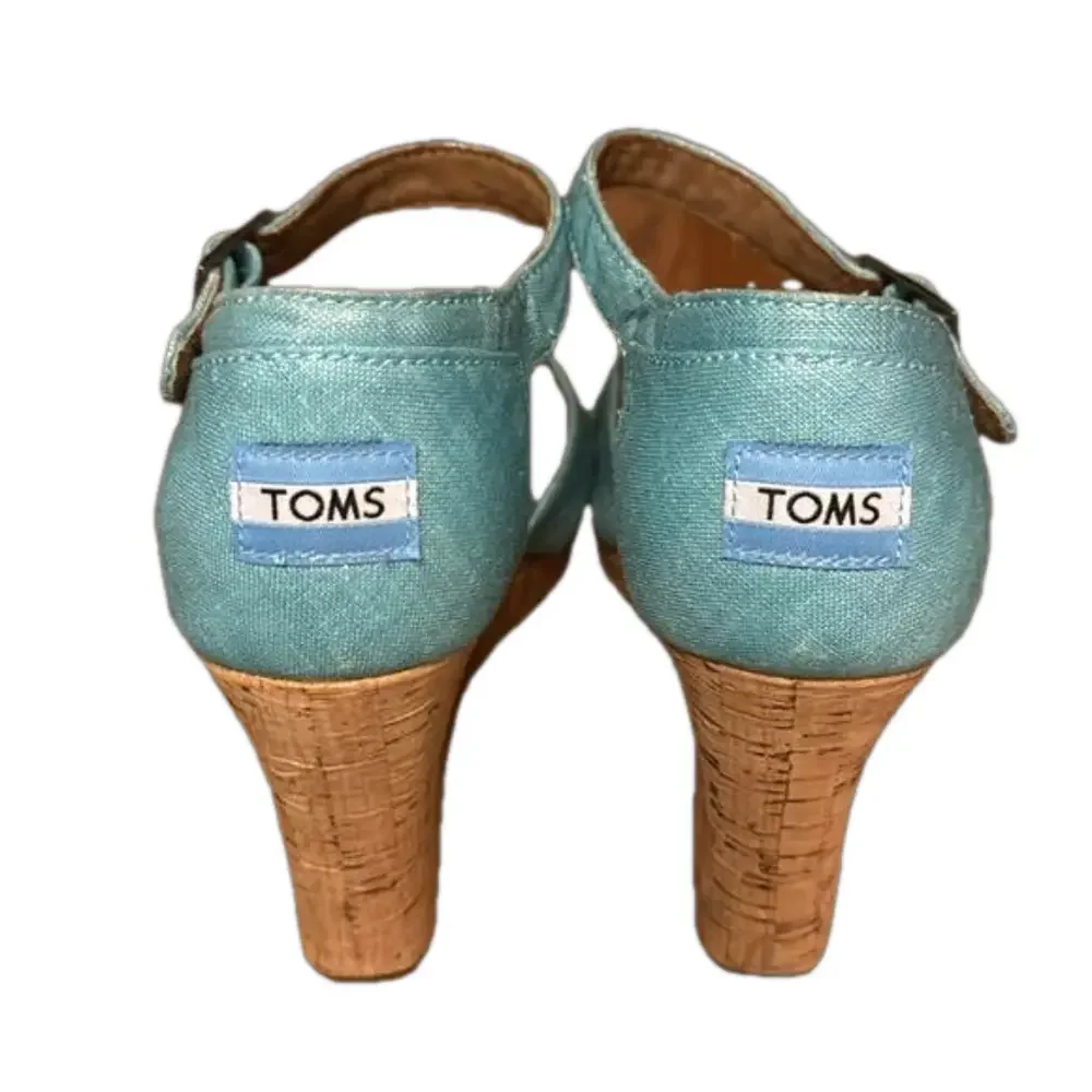 TOMS Shimmery Aqua Strappy Platform Cork Wedge Heels - Size 9.5